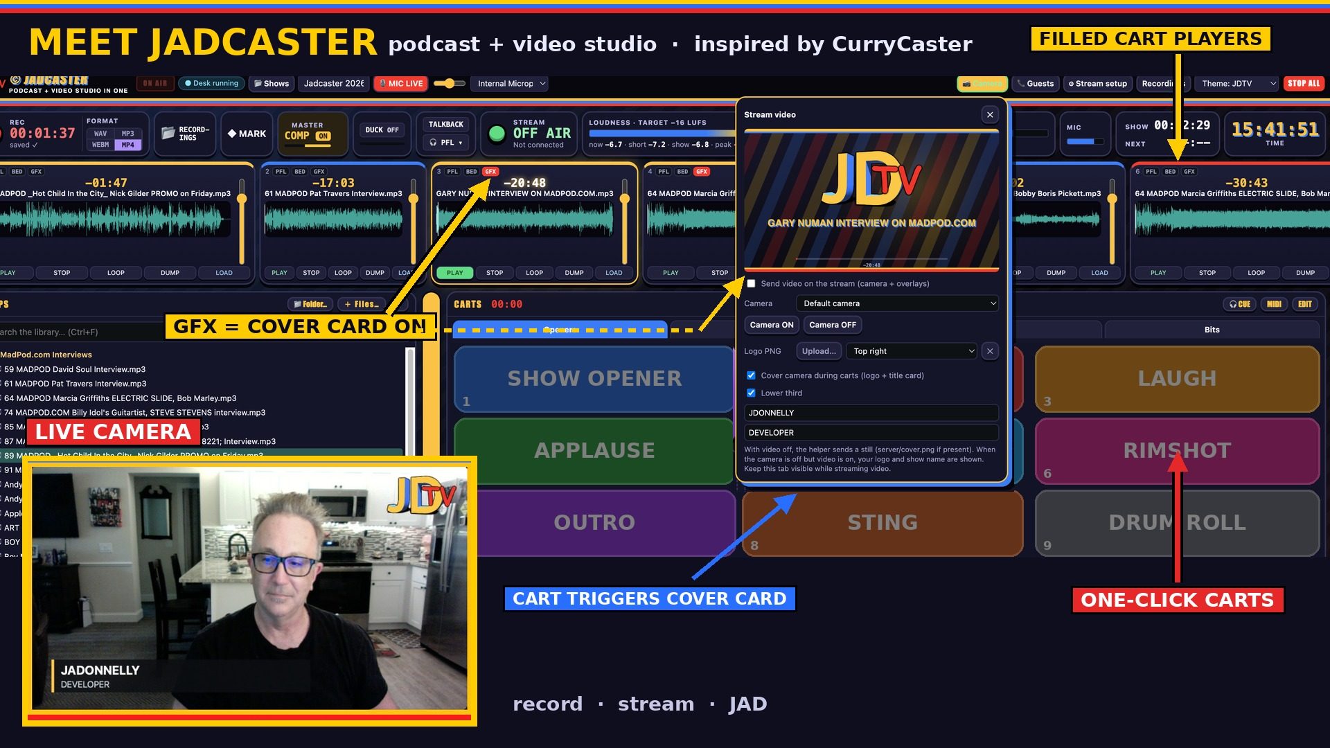 JADcaster studio: cart wall, players, and a cover card over live camera video